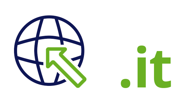 Internet landcode Italië .it - donkerblauwe open wereldbol - groene pijl - groene internetextensie op transparante achtergrond - 600 * 337 pixels 